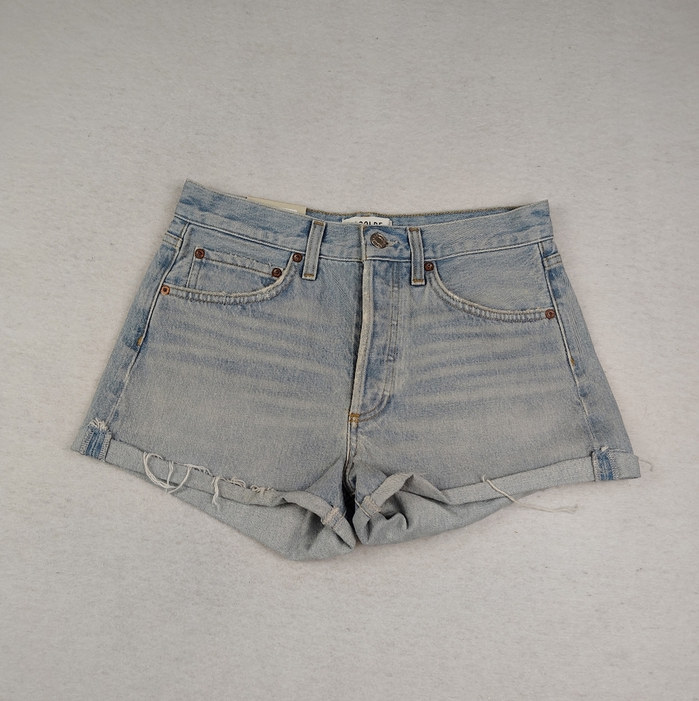 Agolde High Waist Distressed Denim Shorts in Light Blue - Picture 2 of 9